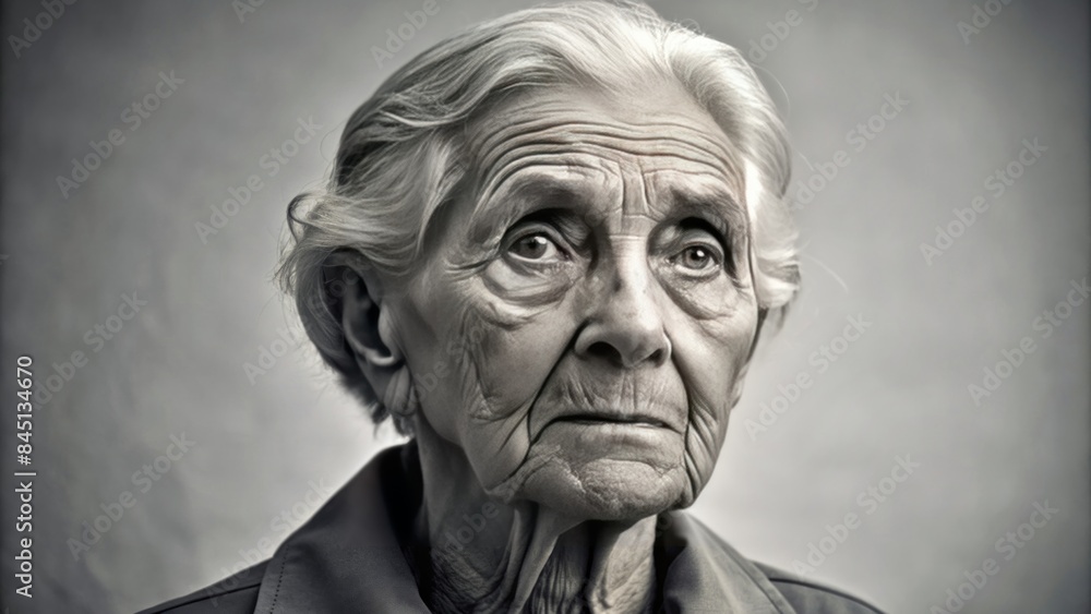 portrait of an elderly Holocaust survivor with a solemn expression. portrait of an elderly Holocaust survivor with a solemn expression.