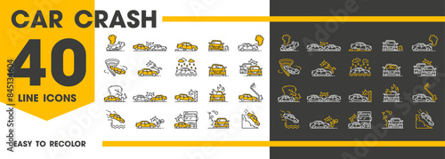 Car crash line icons of traffic accident and vehicle collision on road, vector symbols. Car crash accidents icons for insurance of auto damage from natural disaster of weather, bicycle and transport