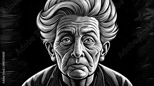 portrait of an elderly Holocaust survivor with a solemn expression.