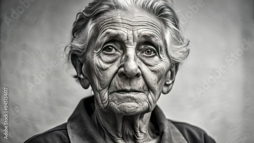 portrait of an elderly Holocaust survivor with a solemn expression.