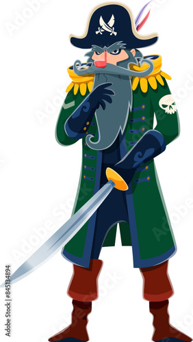 Cartoon pirate or corsair cunning captain character, standing confidently with a menacing look. Vector sea rover in classic attire, including a cocked hat with crossed swords emblem, and a drawn sword