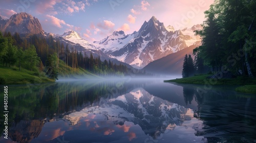 A tranquil alpine lake at dawn  with the warm light of sunrise reflecting off the snow-capped peaks and lush green forest in the still water