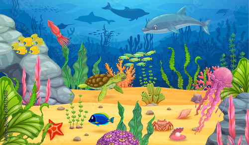 Turtle, dolphin and sea animals between algae seaweeds, underwater game landscape. Vector mesmerizing coral reefs and vibrant marine life, gui 2d level, interface background to explore ocean depths