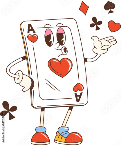 Cartoon groovy poker card character. Isolated vector retro Ace of Hearts playing card personage big with eyes, shoes, gloves and carefree face expression perform diamond, spade, heart and club aces