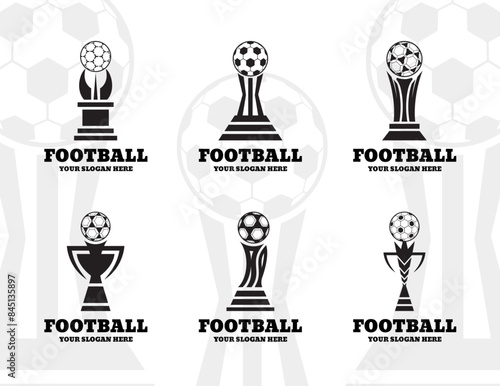 Soccer trophy. Champion cup. Sport team game. Award ball logo for championship league. Players tournament or winners reward. Football competition. Vector footballer match icons set