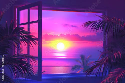 Open window with tropical landscape and ocean in vaporwave style. Purple sundown in 90s style room
