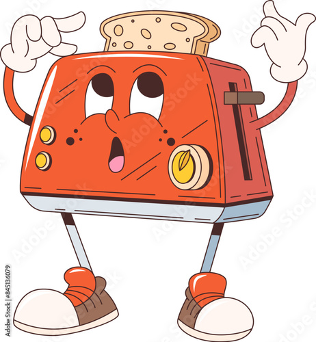 Cartoon groovy retro toaster character with funky face, vector 70s hippie art. Groovy cartoon toaster with toast bread slice with funky face, morning breakfast positive vibe and emoji emoticon
