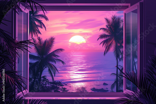 Open window with tropical landscape and ocean in vaporwave style. Purple sundown in 90s style room