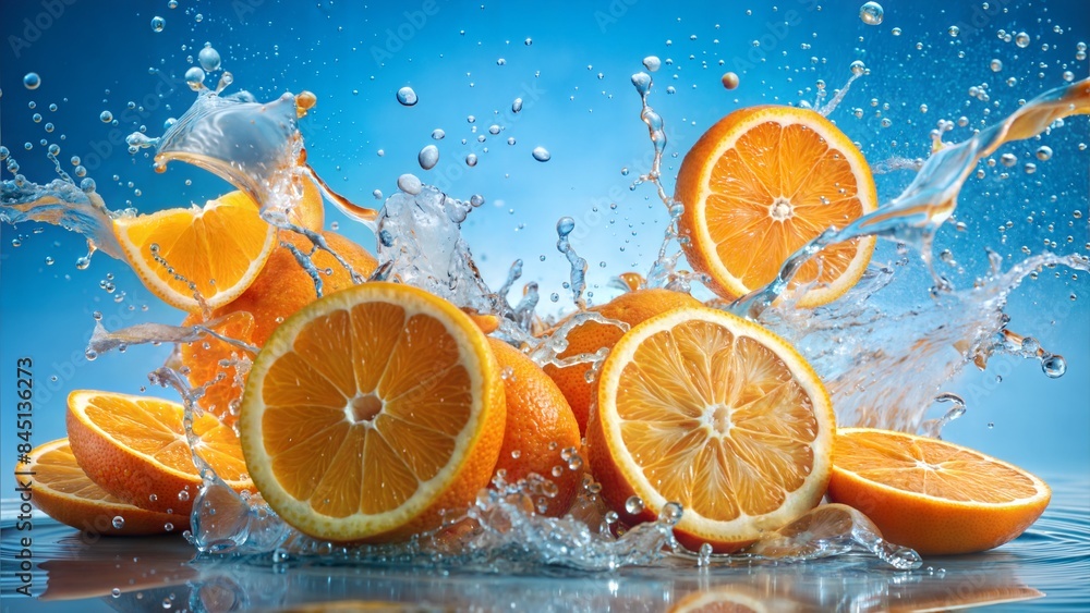 Orange segments falling and splashing water, ideal for refreshing cosmetic advertisements.
Orange segments falling and splashing water, ideal for refreshing cosmetic advertisements.