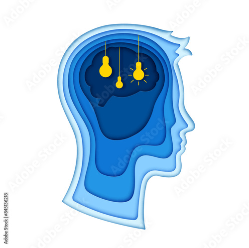 Paper cut human head with light bulb ideas. 3d vector layered papercut frame in shape of of a male head profile, with glowing light bulbs symbolizing thoughts, insight and inspiration inside the brain