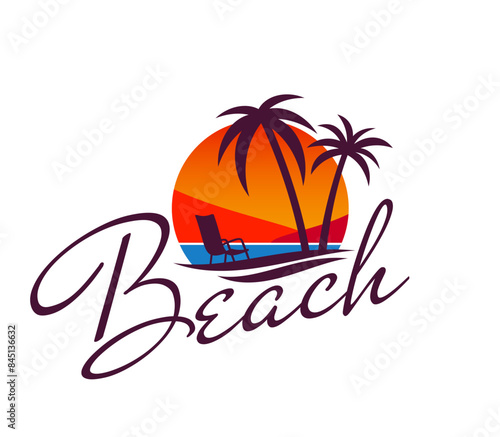 Beach palm tree and ocean or sea waves icon of tropical paradise island, vector emblem. Summer sunrise or sunset beach with palms and chair on sand, silhouette badge for travel hotel or sea resort