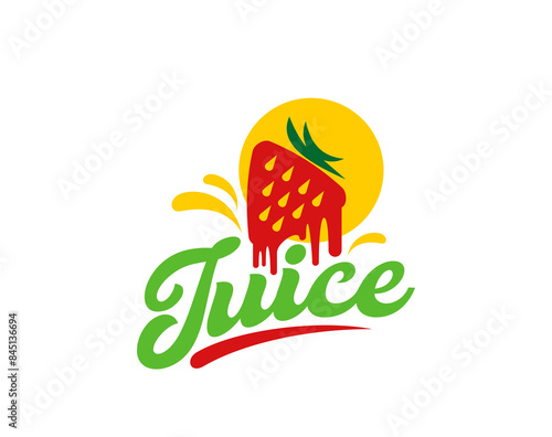 Strawberry juice icon, fresh fruit drink smoothie label. Isolated vector vibrant emblem with ripe red berry shape, melting drips and splashes in yellow circle, symbol of natural juicy refreshment