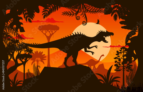 Spinosaurus dinosaur silhouette. Vector prehistoric sunset scene of roaring predatory reptile shadow at ancient, Jurassic era landscape. Majestic creature in evening jungle rainforest environment