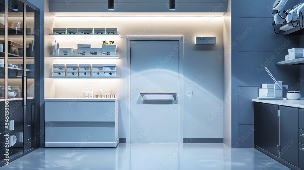 A clean and brightly lit industrial refrigerated room with a large door leading to a freezer. Shelving units line the walls, showcasing the meticulous organization of this food storage facility A clean and brightly lit industrial refrigerated room with a large door leading to a freezer. Shelving units line the walls, showcasing the meticulous organization of this food storage facility