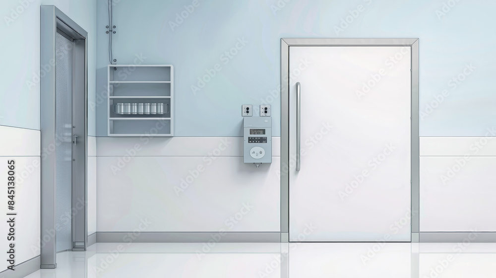 A white freezer door in a commercial food storage facility. The door is closed and the room is empty A white freezer door in a commercial food storage facility. The door is closed and the room is empty