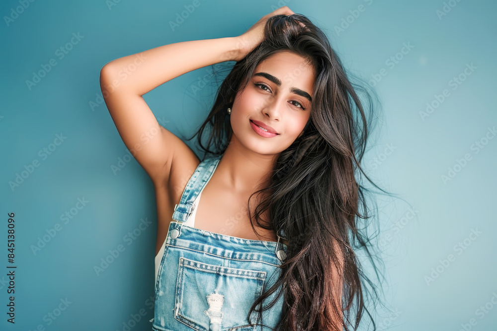 A young Indian woman with long black hair, wearing a denim overall, smiles gently while looking directly at the camera. She stands against a light blue wall, with her hand resting on her head A young Indian woman with long black hair, wearing a denim overall, smiles gently while looking directly at the camera. She stands against a light blue wall, with her hand resting on her head