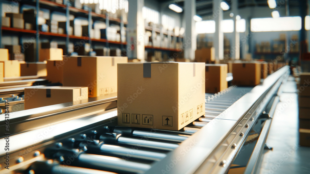 A cardboard box is stationary on top of a moving conveyor belt in an industrial setting A cardboard box is stationary on top of a moving conveyor belt in an industrial setting