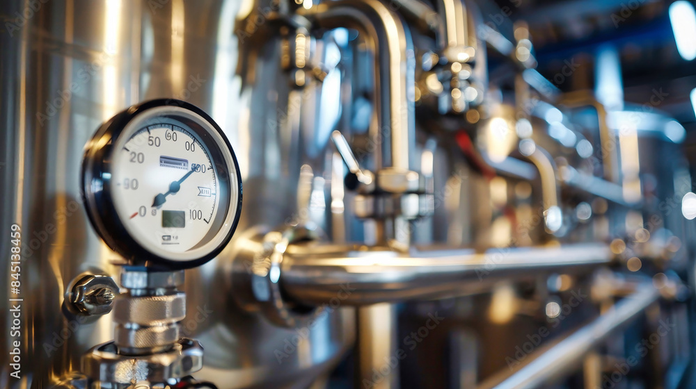 A temperature sensor is mounted on a stainless steel pipe in a busy industrial facility A temperature sensor is mounted on a stainless steel pipe in a busy industrial facility