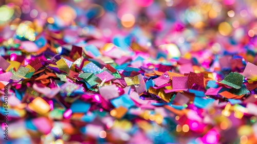 A macro photograph of confetti scattered on the ground, showcasing the intricate details of the various shapes and textures