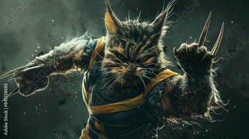 A superhero cat in a Wolverine outfit, with a beard and angry expression, strikes Wolverine's pose with extended claws. Its fur is dark and striped, muscular build evident, set against a dramatic,dark photo