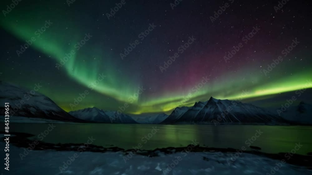 Arctic dark night view of mountains illuminated by the aurora borealis, creating a mesmerizing natural light display Arctic dark night view of mountains illuminated by the aurora borealis, creating a mesmerizing natural light display