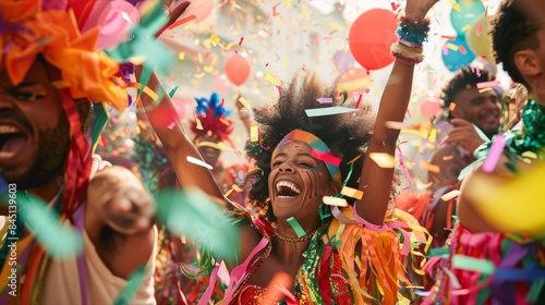 A group of joyful people dressed in vibrant costumes dance and celebrate at a carnival, surrounded by streamers and confetti