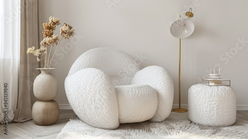 Boho composition a living room interior with white boucle armchair. Generative Ai