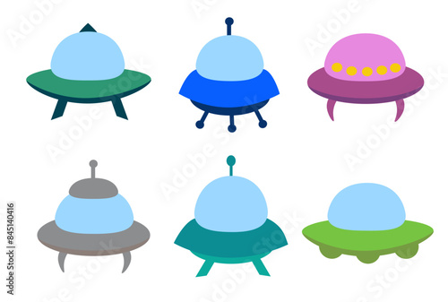 Alien spaceship, spacecrafts and UFO set. Colorful cosmic ship in form saucer for transportation. Children clip art. Vector cartoon flat illustration for space design.