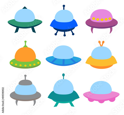 Alien spaceship, spacecrafts and UFO set. Cosmic ship in form saucer for transportation. Children clip art. Vector cartoon flat illustration for space design.