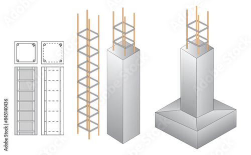 Set of steel column foundation in reinforced concrete block. 3D Illustration
