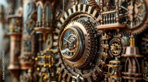 A close-up of intricate clockwork gears and mechanisms in a steampunk-inspired city. The details are stunning, showcasing the artistry and craftsmanship of the world © Ilia Nesolenyi