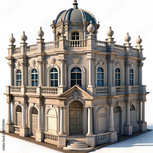 3D Render of a Baroque Palace Facade, on isolated white background, Generative AI