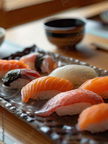 Set of sushi with rice and fish on black plate, nigiri,