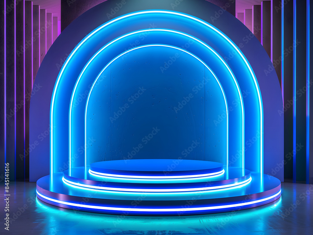 Fototapeta premium Beautiful modern futuristic podium with neon blue lighting