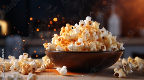 Close-up of golden corn kernels popping in the process of making fresh, delicious popcorn snack