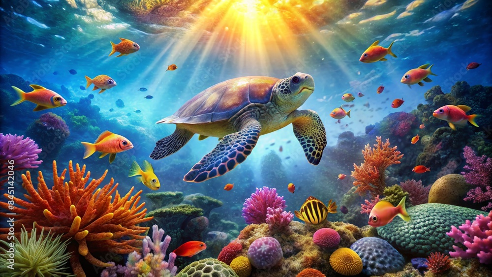 Naklejka premium sea turtle underwater view has a Beautiful colorful coral