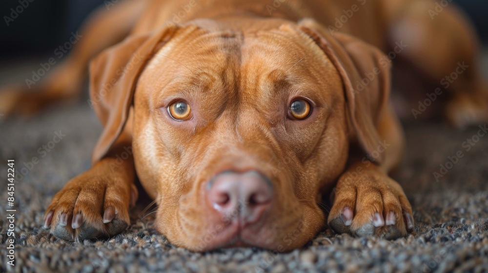 A brown dog with big eyes laying down on the ground. The dog has a brown nose and is looking at the camera. A brown dog with big eyes laying down on the ground. The dog has a brown nose and is looking at the camera.
