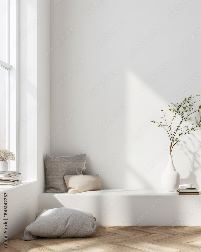 Meditation space in a room with serene vibes, minimal furniture and copyspace. Home interiors composition. Meditation space in a room with serene vibes, minimal furniture and copyspace. Home interiors composition.