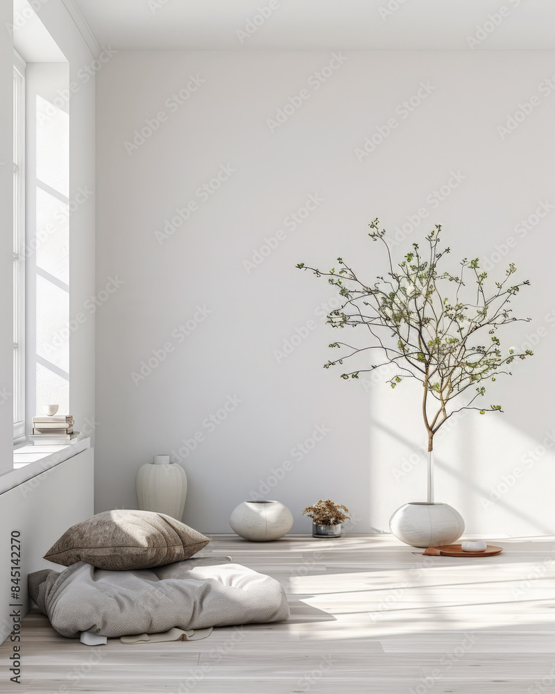 Meditation space in a room with serene vibes, minimal furniture and copyspace. Home interiors composition. Meditation space in a room with serene vibes, minimal furniture and copyspace. Home interiors composition.