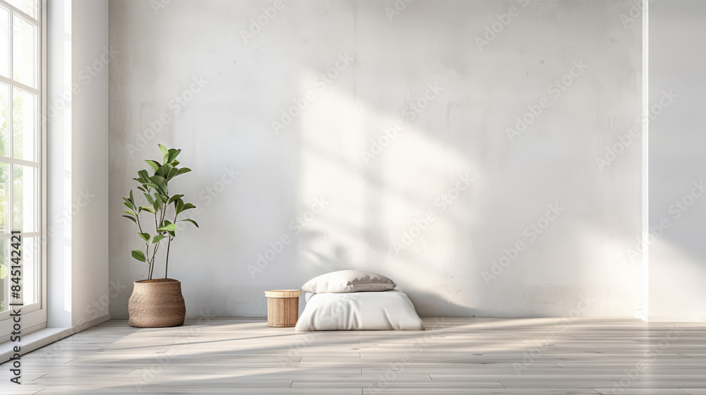 Meditation space in a room with serene vibes, minimal furniture and copyspace. Home interiors composition.