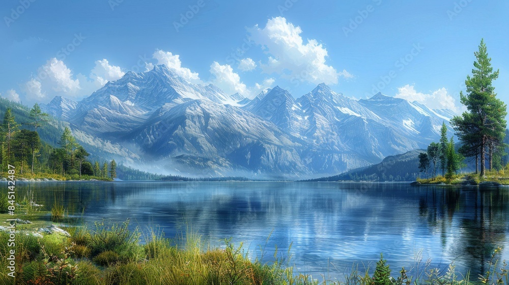 Fototapeta premium A serene view of a lake with mountains in the background, creating a peaceful and scenic atmosphere.