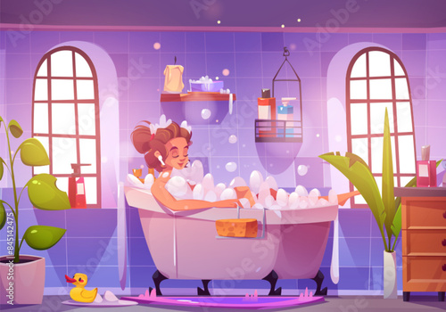 Woman rest in bath room sitting in white bathtub with foam. Girl take bath in shower space with window and plants, cabinet and cleaning products. Cartoon vector hygiene, health and body care concept.