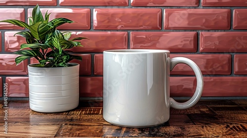 A white coffee mug and a green plant in a white pot on a table. The table has a red brick wall in the background. © Gayan