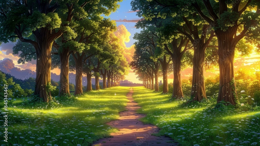 Obraz premium A path in the woods lined with trees and a sunset in the background.