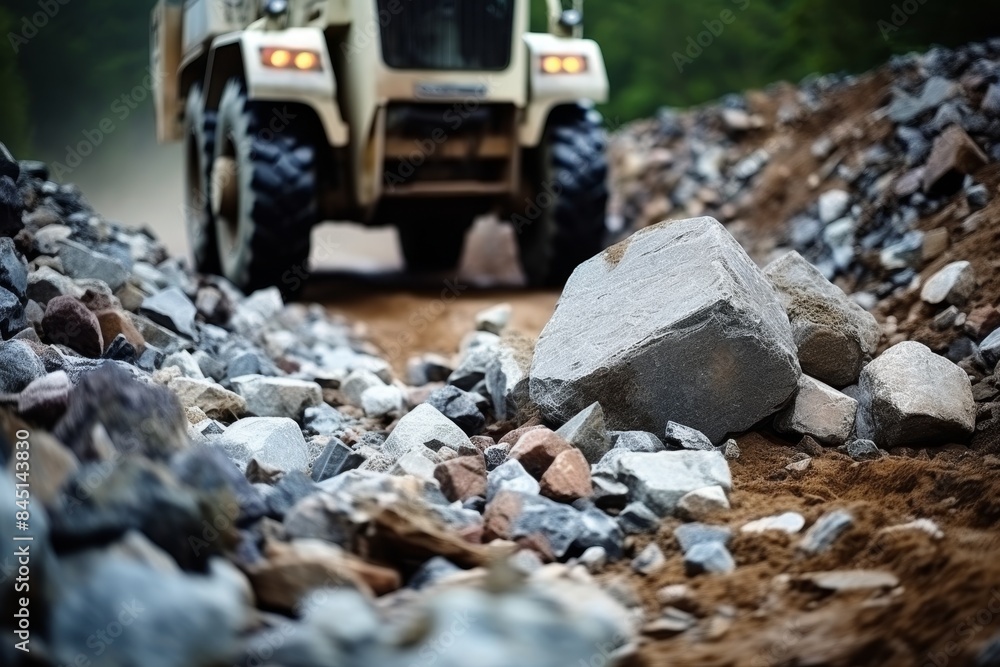 Close-up image of loader loading crushed stone into dump truck at construction site Close-up image of loader loading crushed stone into dump truck at construction site