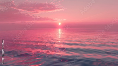 Fototapeta Naklejka Na Ścianę i Meble -  A beautiful pink sunset over a calm ocean with a reflection of the sun on the water. The sky is filled with pink clouds and the sun is setting in the distance.