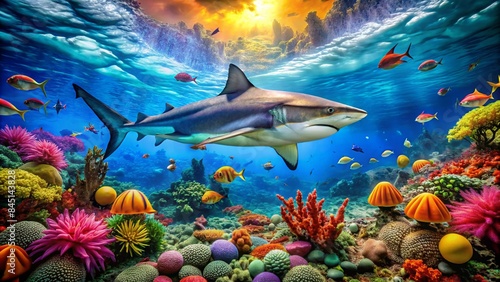 underwater view has a Beautiful colorful coral and shark