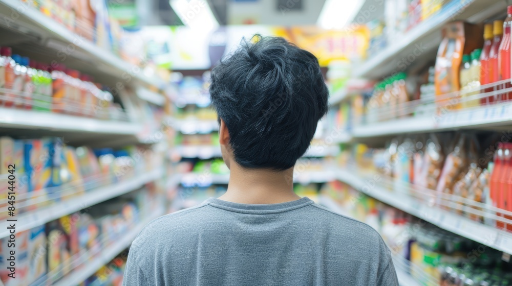 Young man seen from behind, shopping in a supermarket aisle