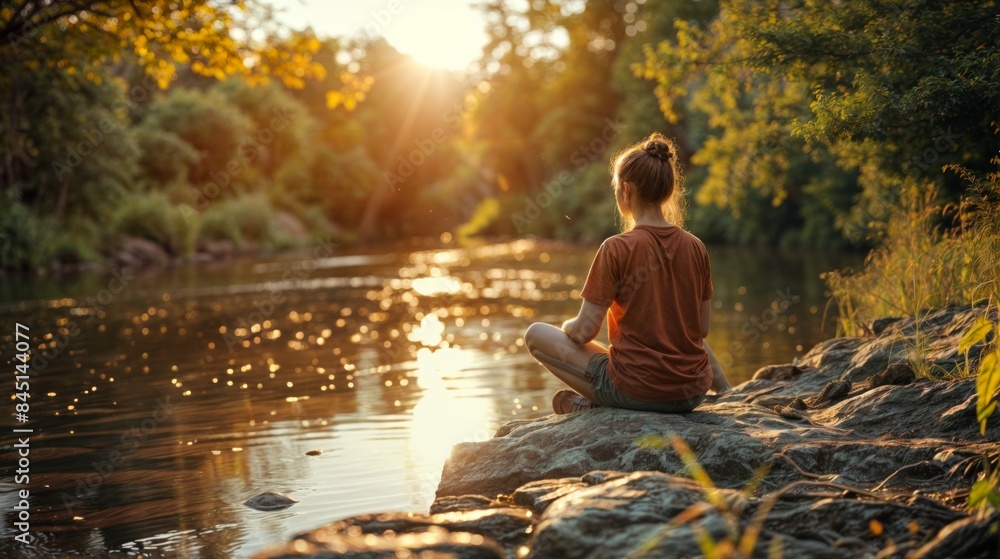 Person meditating by river at sunset Person meditating by river at sunset