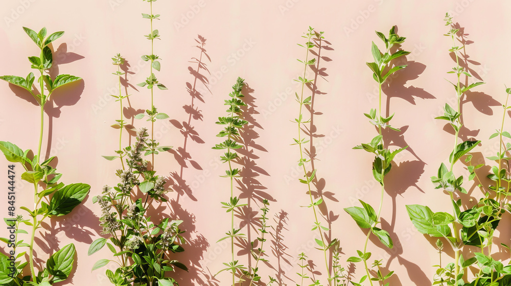 A garden of herbs composing a frame, on light pink background. Natural cosmetic background. A garden of herbs composing a frame, on light pink background. Natural cosmetic background.